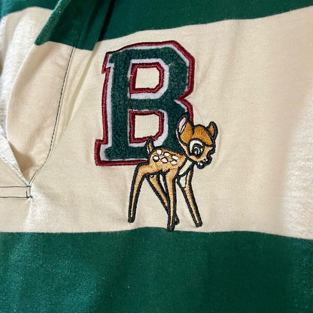 Disney Bambi Cropped Rugby Shirt Long Sleeve Green & White Striped Size Large - Picture 2 of 6